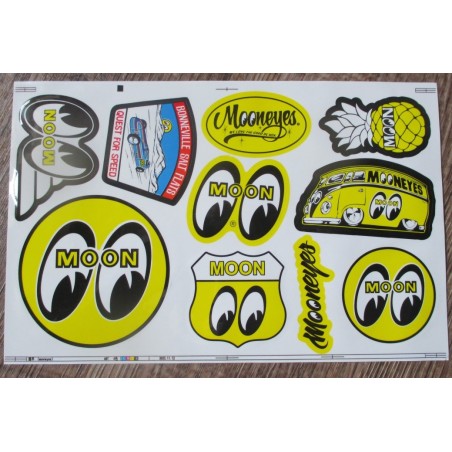 Planche de 10 Stickers Moon Hot Rod 21x14 cm Autocollant Mooneyes Déco Voiture Garage
