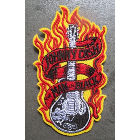 Patch Johnny Cash Logo Guitare à Flammes 10x6 cm Écusson Veste Blouson
