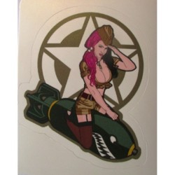 Mini sticker pin-up militaire aux cheveux roses sur une bombe style année 50 rétro