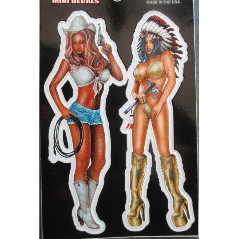 Petit sticker pin-up cowgirl et indienne sexy - autocollant transparent
