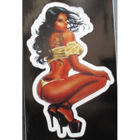 Kleiner Pin-up-Sticker, Latino-Girl in gelber Unterwäsche, transparenter Aufkleber
