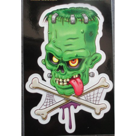 Kleiner grüner Monster-Frankenstein-Aufkleber mit gekreuzten Knochen, transparenter Aufkleber
