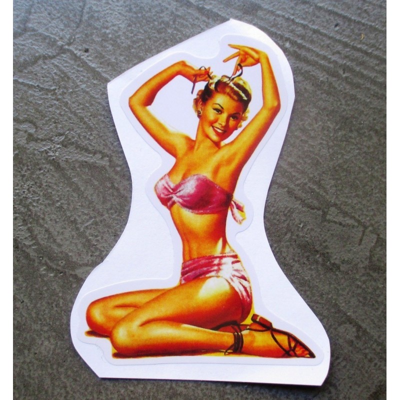 Mini sticker pin-up blonde en sous-vêtements roses - autocollant

