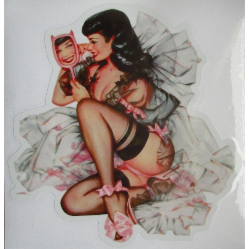 Sticker extra fin pin-up Bettie Page avec miroir 13x12 cm - Autocollant sexy
