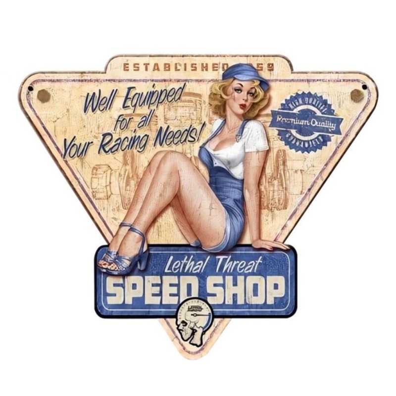 Extra dünner Aufkleber 13x11cm Pin Up Mechaniker Lethal Tread Speed Shop Autoaufkleber Werkstatt
