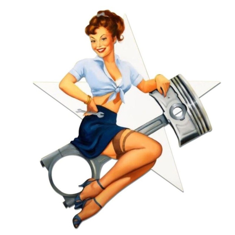 Sticker Extra Fin 13x11cm Pin Up Étoile Blanche Piston Autocollant Garage