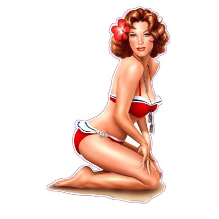 Sticker Pin-up Rotschopf im Retro-Stil mit rotem Badeanzug 13x8 cm Aufkleber
