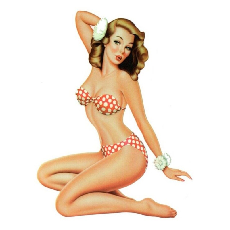 Aufkleber Pin Up Blondine im rot-weiß gepunkteten Badeanzug - 13x10 cm - Sticker
