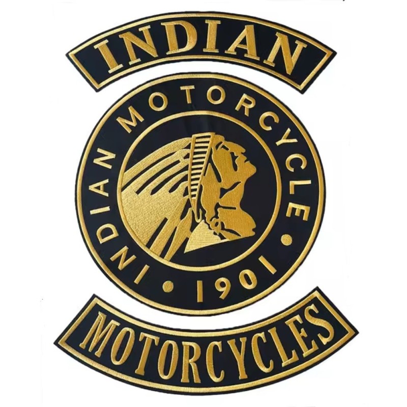 3er Set großer Indian Motorcycle Aufnäher Schwarz und Gold für Jackenrücken
