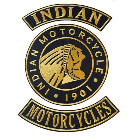 3er Set großer Indian Motorcycle Aufnäher Schwarz und Gold für Jackenrücken
