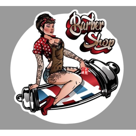 Aufkleber dünnes Pin-up-Tattoo Barber Shop 15x15 cm, selbstklebend, weißer Hintergrund
