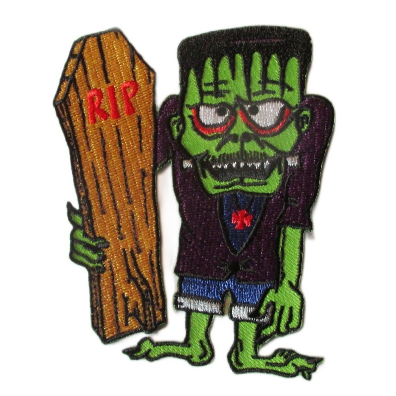 Patch monstre vert et planche de surf cercueil 10x8 cm écusson veste blouson rock roll

