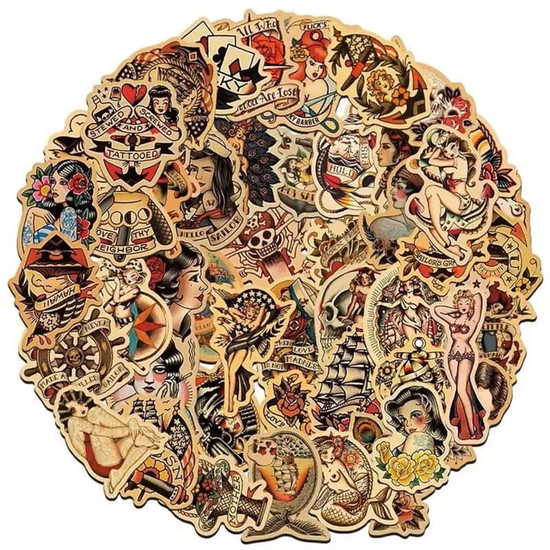Lot de 100 Autocollants Pin-Up Tatouage Style Rétro Vintage
