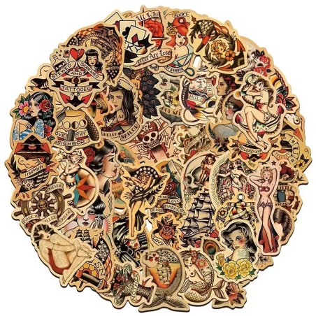 Lot de 100 Autocollants Pin-Up Tatouage Style Rétro Vintage
