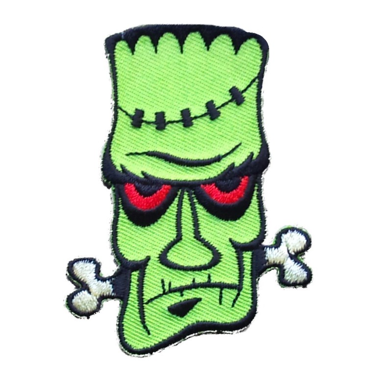 Patch Frankenstein Grün, rote Augen, Knochen, Rockabilly
