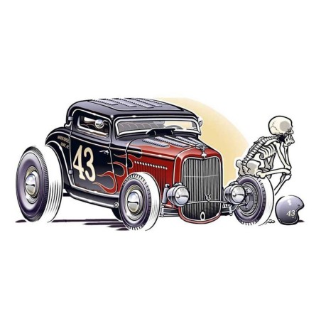 Sticker Hot Rod 32 Noir avec Flammes Rouges et Squelette - Autocollant Fin