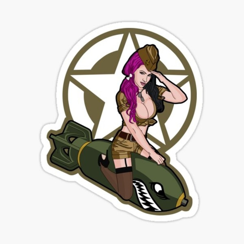 Mini sticker pin-up militaire aux cheveux roses sur une bombe style année 50 rétro
