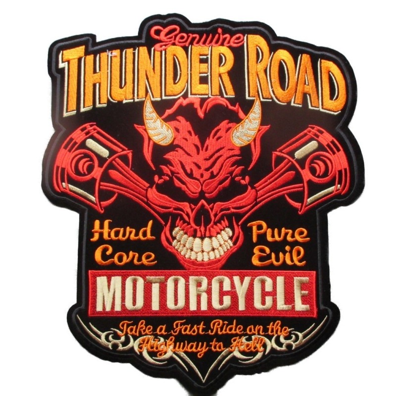 Gros patch moto Thunder Road diable et piston rouge dos veste écusson blouson
