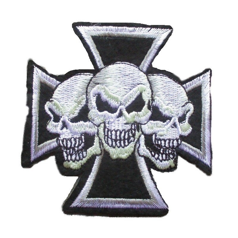 Grand patch croix de Malte noire et trois crânes blancs 19,5 cm écusson dos veste blouson
