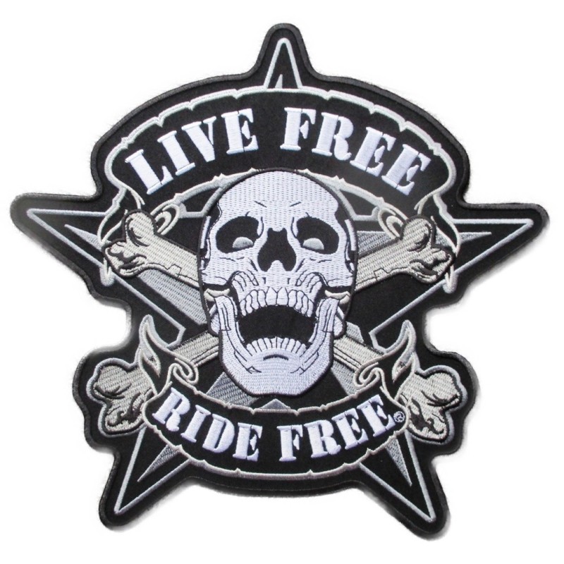 Grand patch thermocollant Live Free Ride Free 24 x 24 cm écusson dos veste blouson biker crâne pirate
