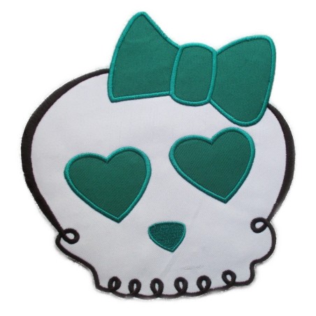 Gros patch crâne fillette nœud, œil cœur vert - écusson