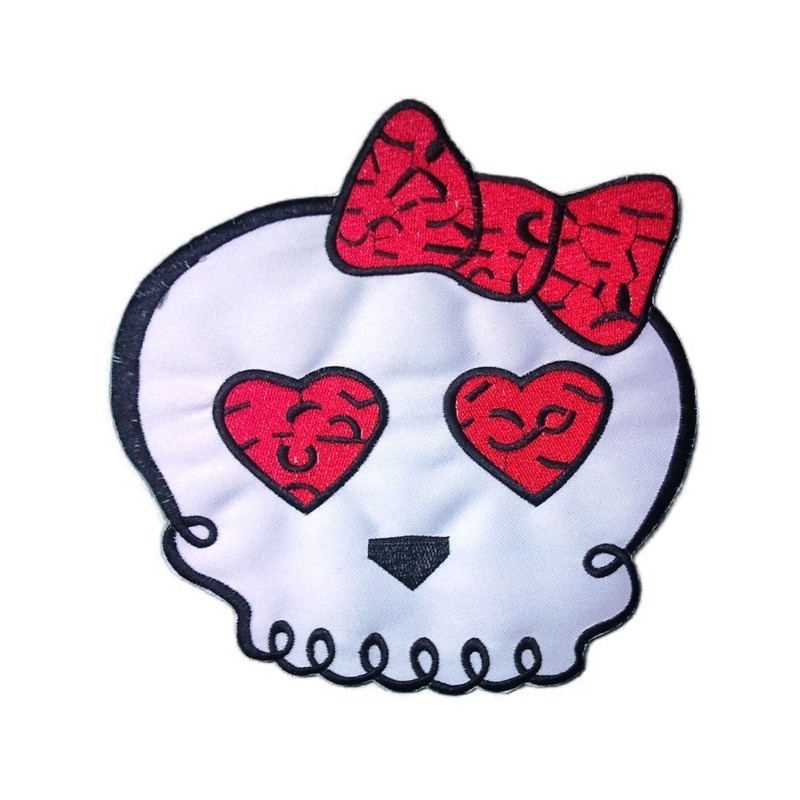Grand patch tête de mort fillette avec nœud rouge