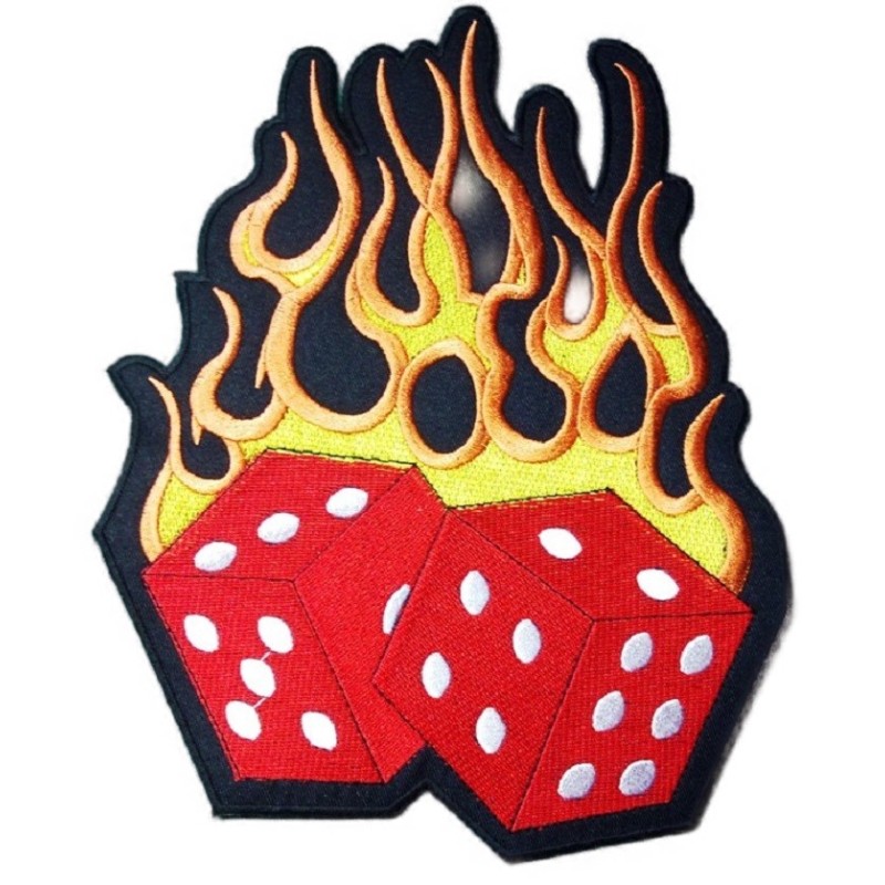 Großer Aufnäher Würfel mit roten Flammen 24cm Rücken Jacke Abzeichen Rockabilly
