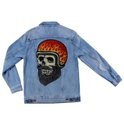 Großer Aufnäher Kran Motorradhelm mit Flammen rot und orange 35x24cm