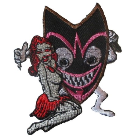 Patch Tiki, der ein Pin-up fängt, 7,5 x 6,5 cm, aufbügelbarer Aufnäher für Jacke und Blouson
