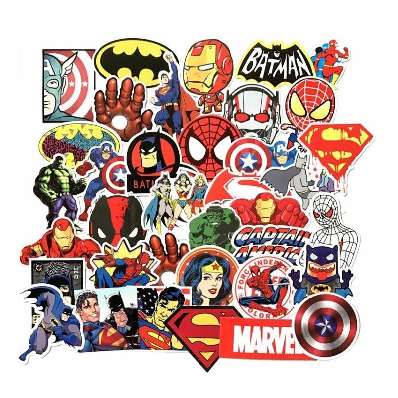 Lot de 50 autocollants de super-héros sur fond blanc, 5 à 8 cm - Décoration idéale à petit prix
