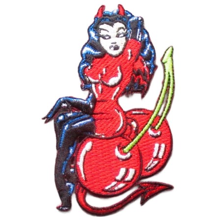 Patch Diablesse Rouge Assise sur des Cerises Rockabilly Rock
