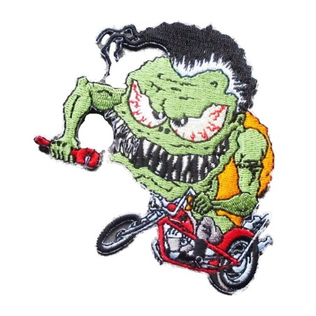 Aufnäher grünes Monster auf Chopper Motorrad Rock Roll Biker Kutte
