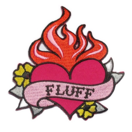Patch Herz Rosa mit roten Flammen Danderolle Fluff Rockabilly Rock'n'Roll Aufnäher
