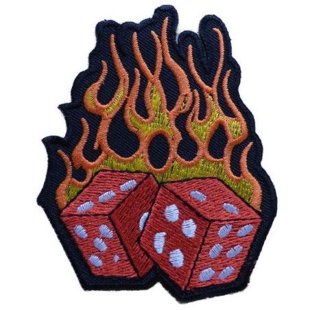 patch dé rouge à flammes orange sur fond noir - écusson rockabilly
