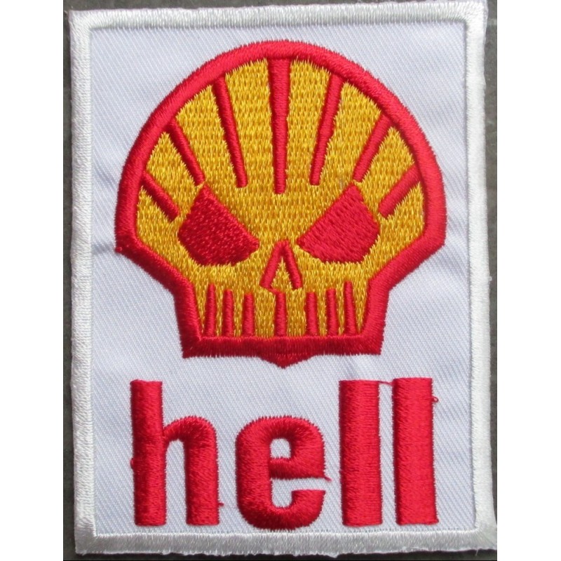 Patch Thermocollant Hell – Design Vintage Inspiré du logo Shell – 8x6 cm – Rouge et Orange

