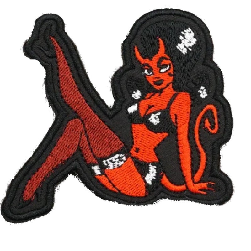 Patch Teufelin Bein in der Luft abnehmbar Klettverschluss schwarz weiß rot Aufnäher Rock'n'Roll