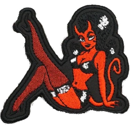 Patch Teufelin Bein in der Luft abnehmbar Klettverschluss schwarz weiß rot Aufnäher Rock'n'Roll