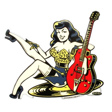 Aufkleber Pin-up Brünette mit Schallplatte und Gitarre Rock-Aufkleber