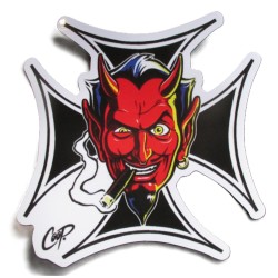 Autocollant Tête de Diable Fumeur & Croix de Malte Noire 12x12 cm