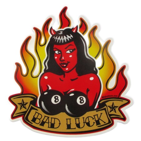 Sticker Diablesse Flammes, Soutien-gorge 8 Ball, 9.5x9cm - Bigdaddyjo Autocollant Blanc