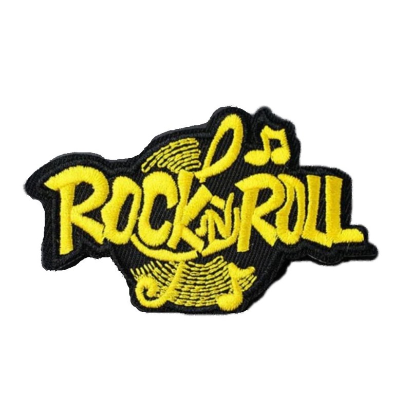 Patch logo rock & roll jaune 8x5 cm, écusson thermocollant pour veste et blouson
