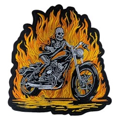 Bestickter Rückenaufnäher – "Hell Rider" Skelett-Biker in Flammen