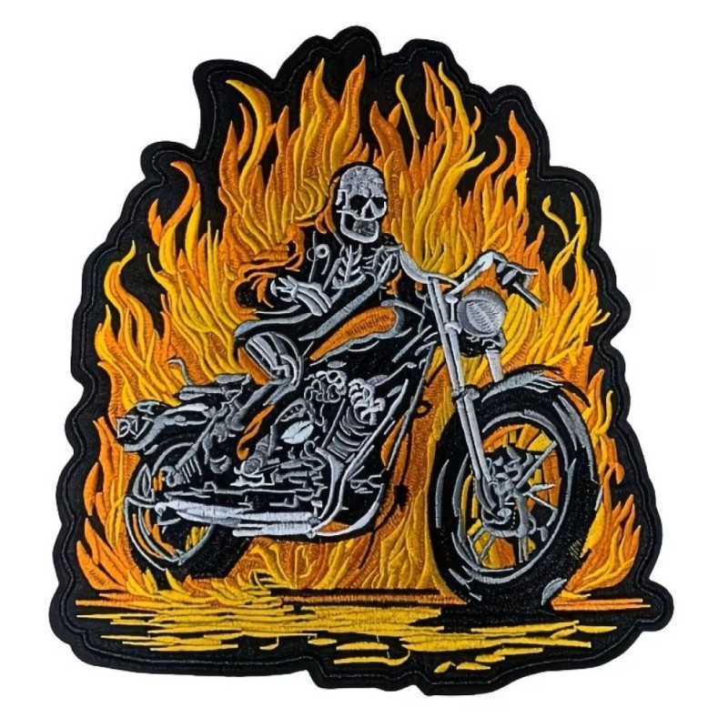 Bestickter Rückenaufnäher – "Hell Rider" Skelett-Biker in Flammen