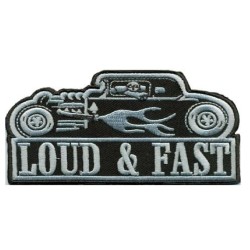 Patch Thermocollant LOUD & FASTSt Hot Rod noir blanc flammes (12x6 cm)