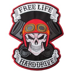 Großer Biker Rückenaufnäher – Totenkopf „Free Life, Hard Drive“ (28 x 23 cm)