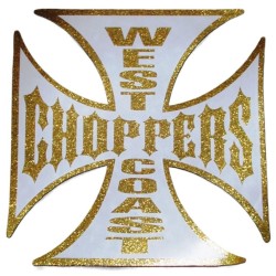 Sticker Croix de Malte "West Coast Choppers" – Effet Paillettes Dorées et Blanc – 7,5 cm