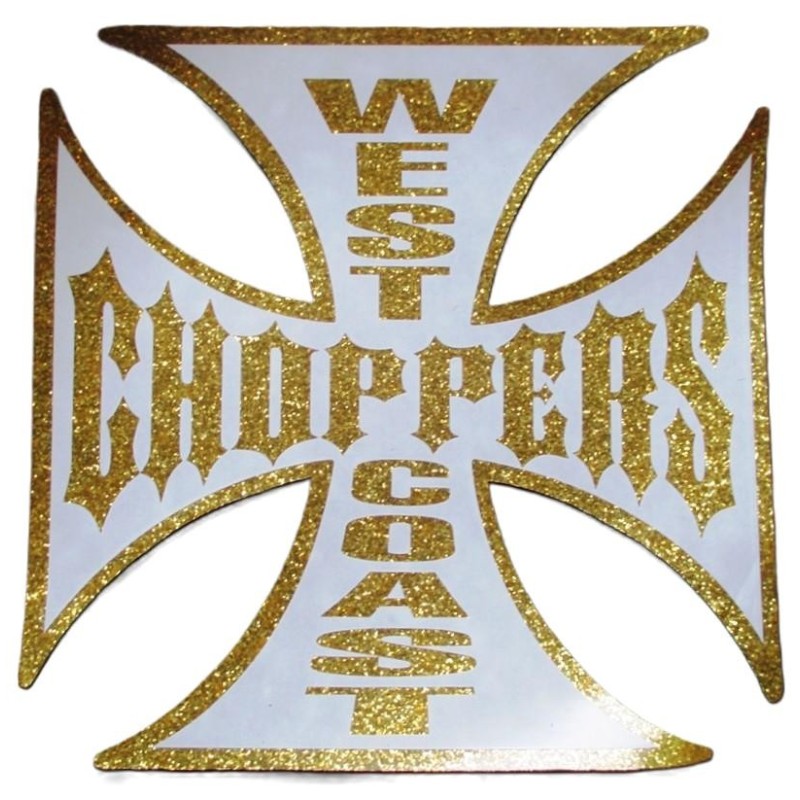 Sticker Croix de Malte "West Coast Choppers" – Effet Paillettes Dorées et Blanc – 7,5 cm