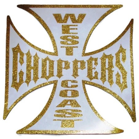 Sticker Croix de Malte "West Coast Choppers" – Effet Paillettes Dorées et Blanc – 7,5 cm