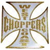 Sticker Croix de Malte "West Coast Choppers" – Effet Paillettes Dorées et Blanc – 7,5 cm
