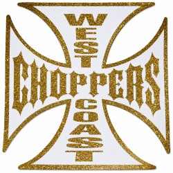 Sticker Croix de Malte "West Coast Choppers" – Effet Paillettes Dorées et Blanc – 7,5 cm